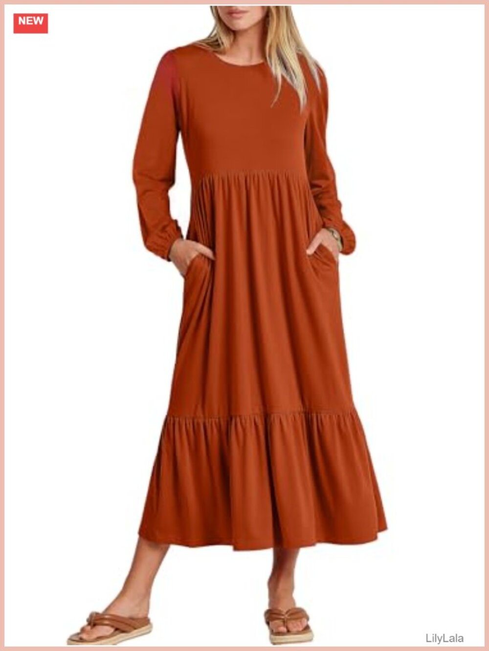 Oversized Long Sleeve Tiered Midi Dress with Pockets